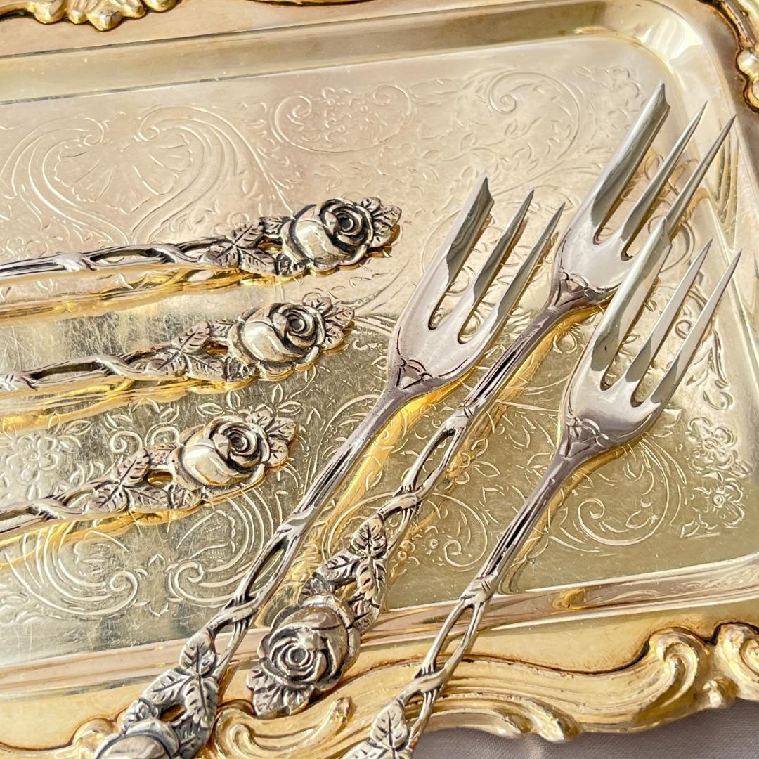 【Adam Manns】 薔薇のケーキフォーク 6本【純銀】ヒルデスハイムローズ