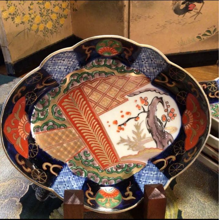 A641 古伊万里　上手　金蘭手　扇面窓絵　雲に梅紋様　変化菱形皿　5枚
