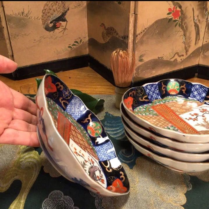 A641 古伊万里　上手　金蘭手　扇面窓絵　雲に梅紋様　変化菱形皿　5枚