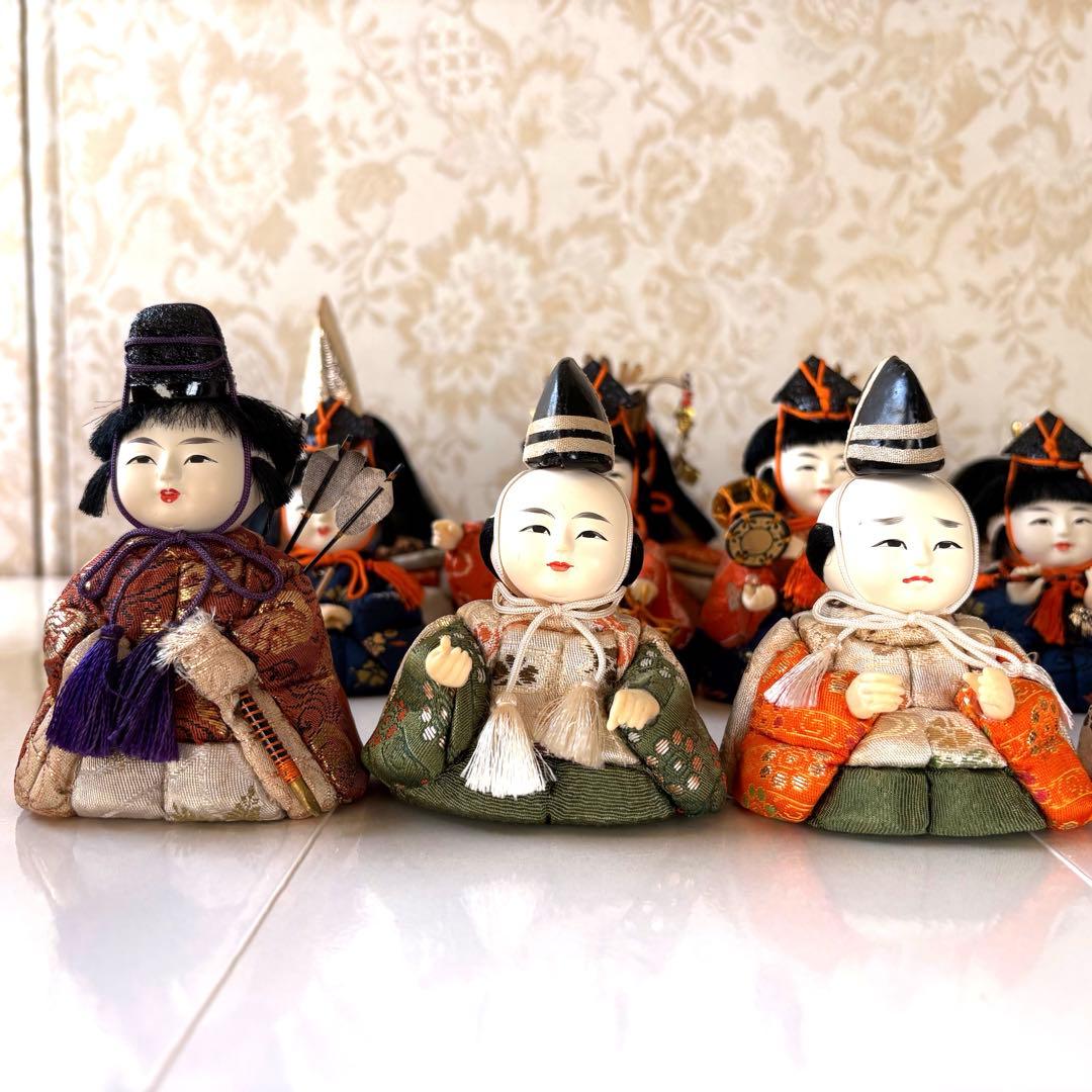 【木目込み雛人形 15人揃い／昭和42年頃購入／箱付き／小道具あり／真多呂風】