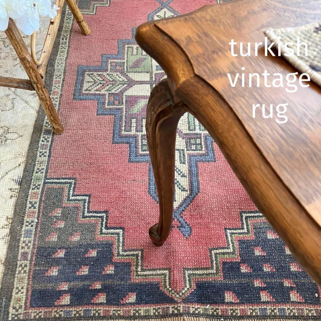 大きめ63×119上質くすみ大人ピンク　グレーメダリオン　トルコヴィンテージラグ