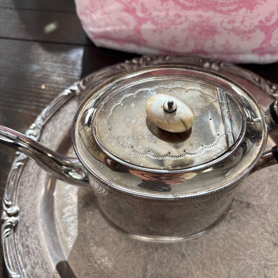 イギリス製　アンティーク　シルバーポットティーセット　トレイ　おまけ付き