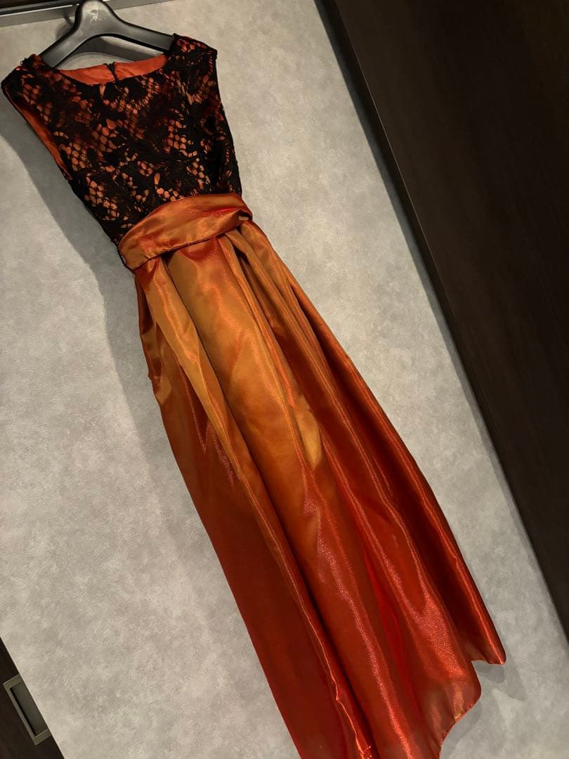 ウエストリボン1回着セミオーダードレス煌めき玉蟲ブラッドオレンジフランス生地