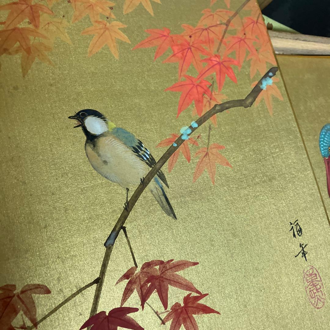 花鳥画色紙四枚　日本画家「小西福年」作