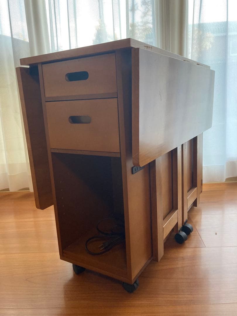 木製 移動式折りたたみテーブル 引き出し付き　ミシン作業台