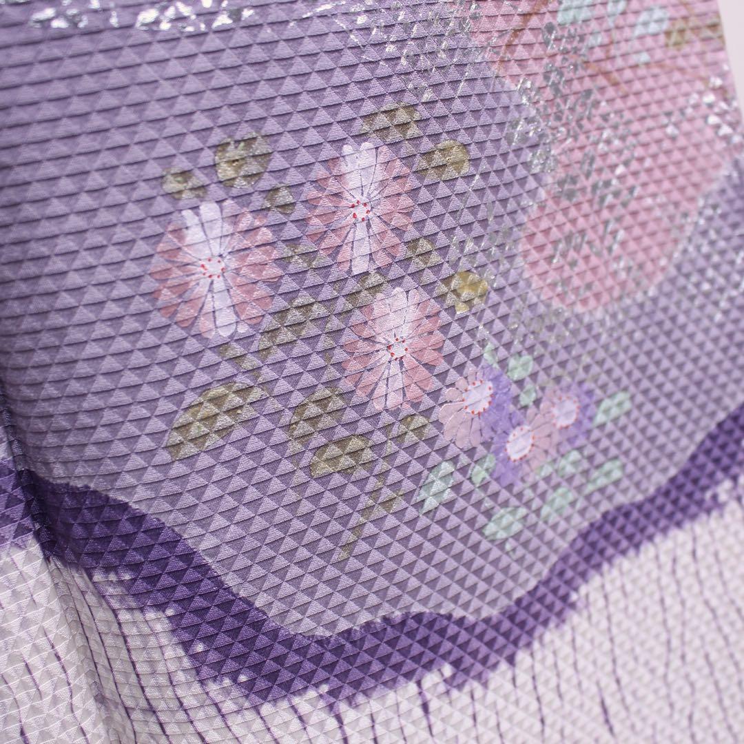美品　板締め絞り菊模様訪問着/裄65 白　紫　ピンク　d14