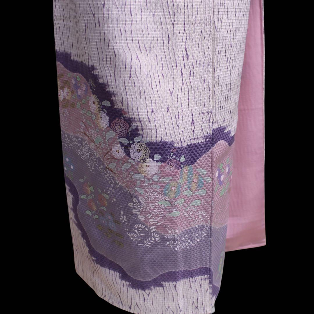 美品　板締め絞り菊模様訪問着/裄65 白　紫　ピンク　d14