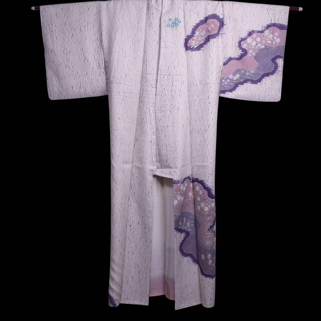 美品　板締め絞り菊模様訪問着/裄65 白　紫　ピンク　d14
