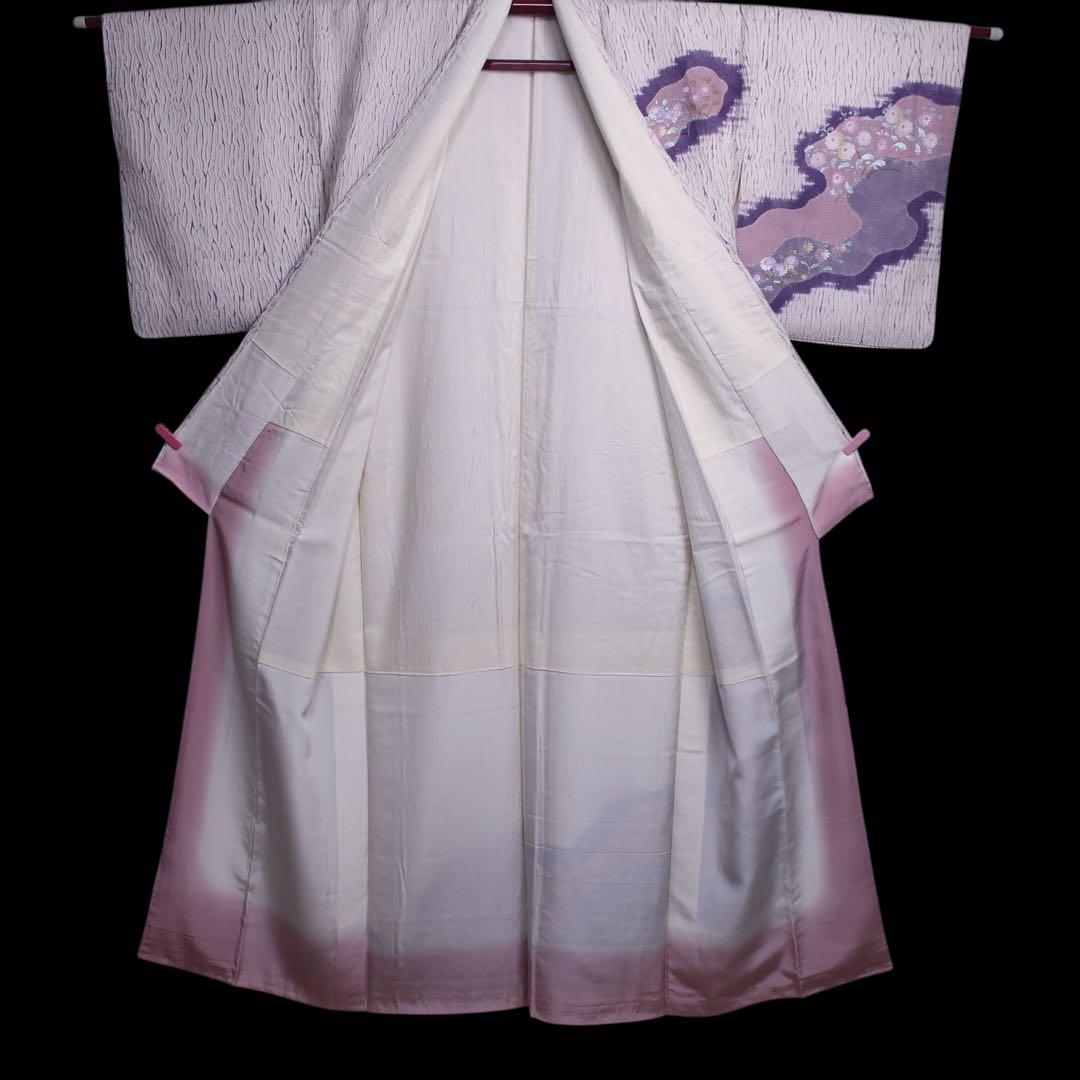 美品　板締め絞り菊模様訪問着/裄65 白　紫　ピンク　d14
