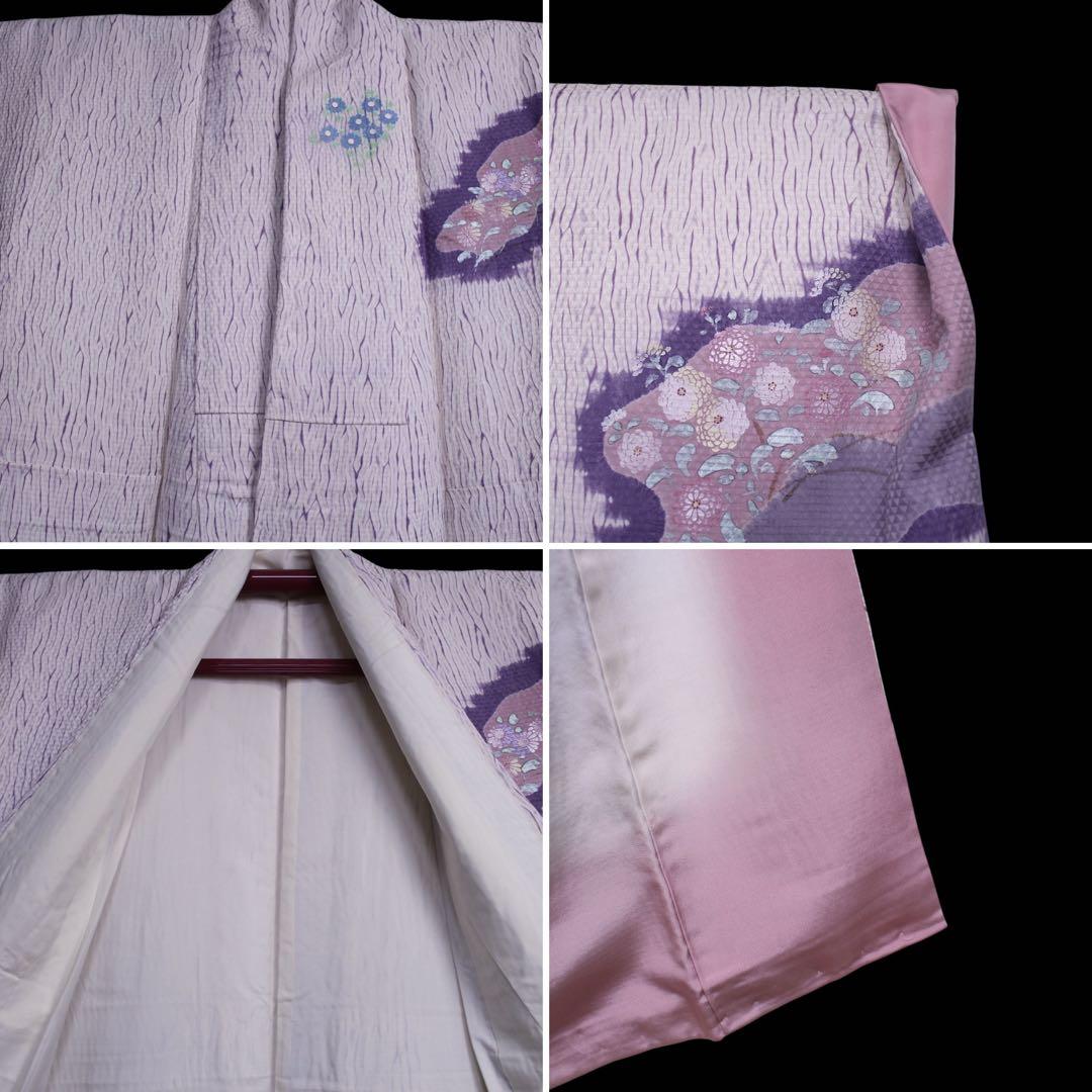 美品　板締め絞り菊模様訪問着/裄65 白　紫　ピンク　d14