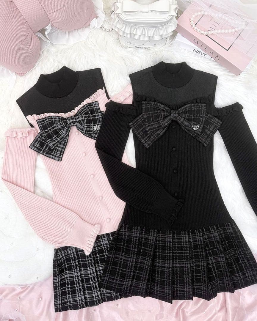 ♡ HONEYMEW ハニーミュウ チェックリボン肩空きプリーツワンピース ♡