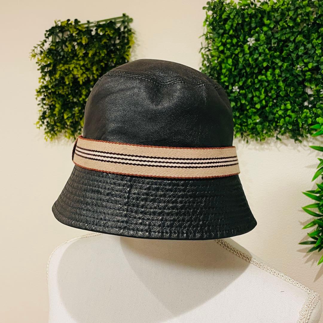 ⭐️美品⭐️ BURBERRY レザー バケットハット ノバチェック　L ブラック