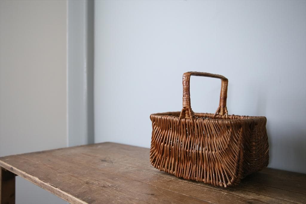 フランスアンティークラタン製バスケット/パニエ/アラログカゴ籐籠(77-248)