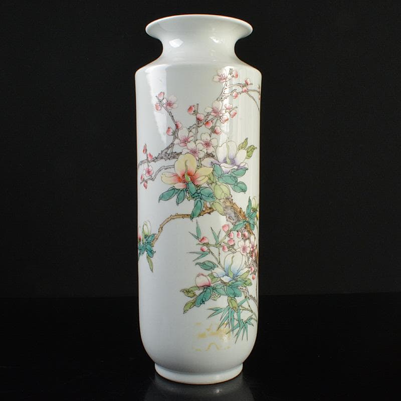 中国　致遠堂製　粉彩　花漢詩文　筒瓶　花瓶　V　R6768F