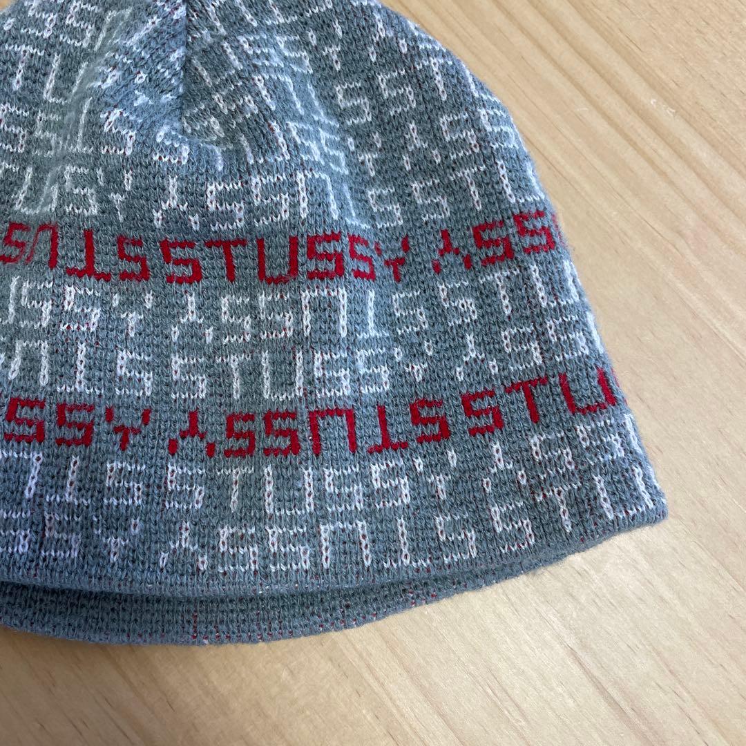 [美品]90s STUSSY モノグラムビーニー ニット帽 アメリカ製 gray