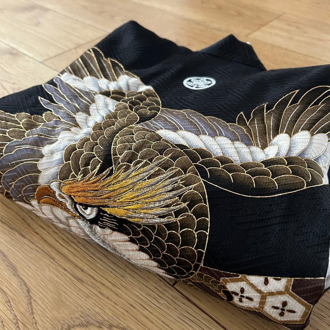 正絹　男の子お宮参り着物　産着　3歳七五三祝い着　黒　鷹刺繍　日本製
