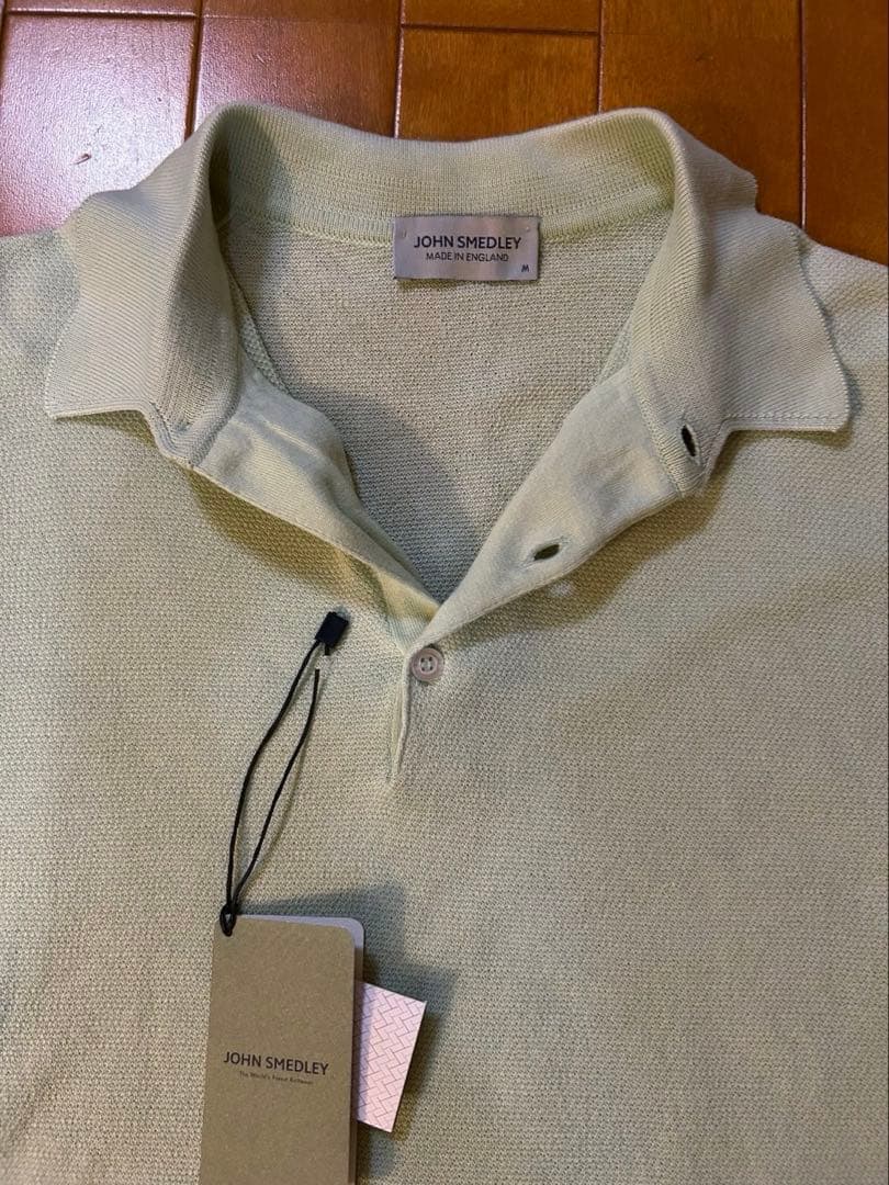 【美品】ジョンスメドレー　コットンピケ　ポロシャツ　M バドグリーン　タグ付き