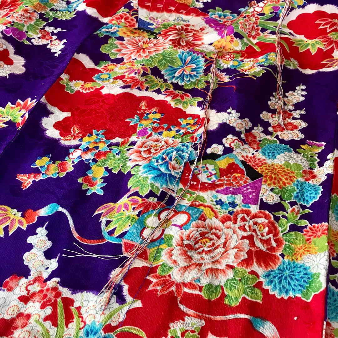 正絹 アンティーク着物 女の子 お宮参り 七五三 ◇紫 花車 扇 【美品】