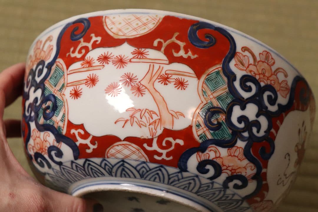 古伊万里 冨貴長春 色絵鉢 二客 福良雀 草花 唐草 錦手 中鉢【MA479】