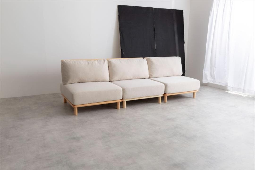 【送料無料】【4点セット】ファブリックローソファ3脚+オットマン1脚 天然木