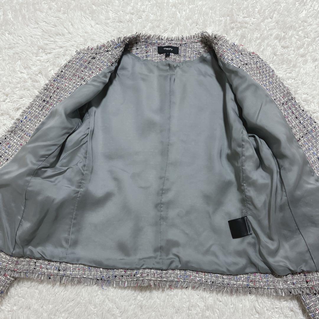極美品✨Theory ノーカラージャケット　ミックスツイード　フリンジ　2
