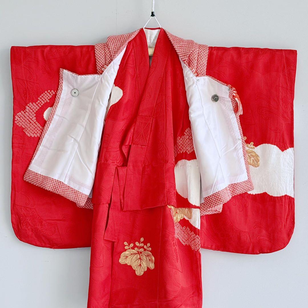 フルセット　七五三３歳女の子　きもの　しぼり被布　赤金刺繍　産着リメイク7046