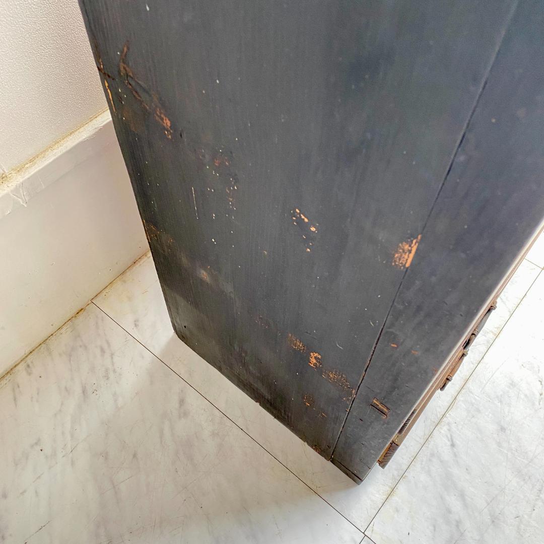 昭和レトロ ガラス戸 収納棚 黒枠 キャビネット 引き出し付き 古道具 食器棚