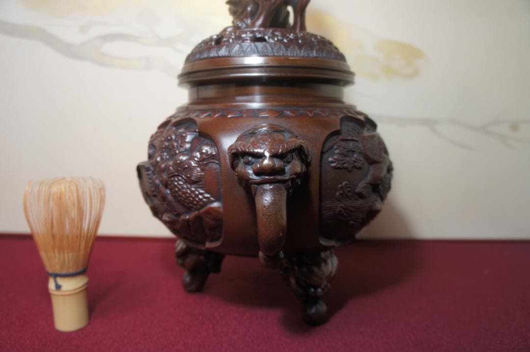 ★美品 高岡銅器 瑞峰作 新特大 花鳥 高級銅製香炉工芸作家造 送料込み