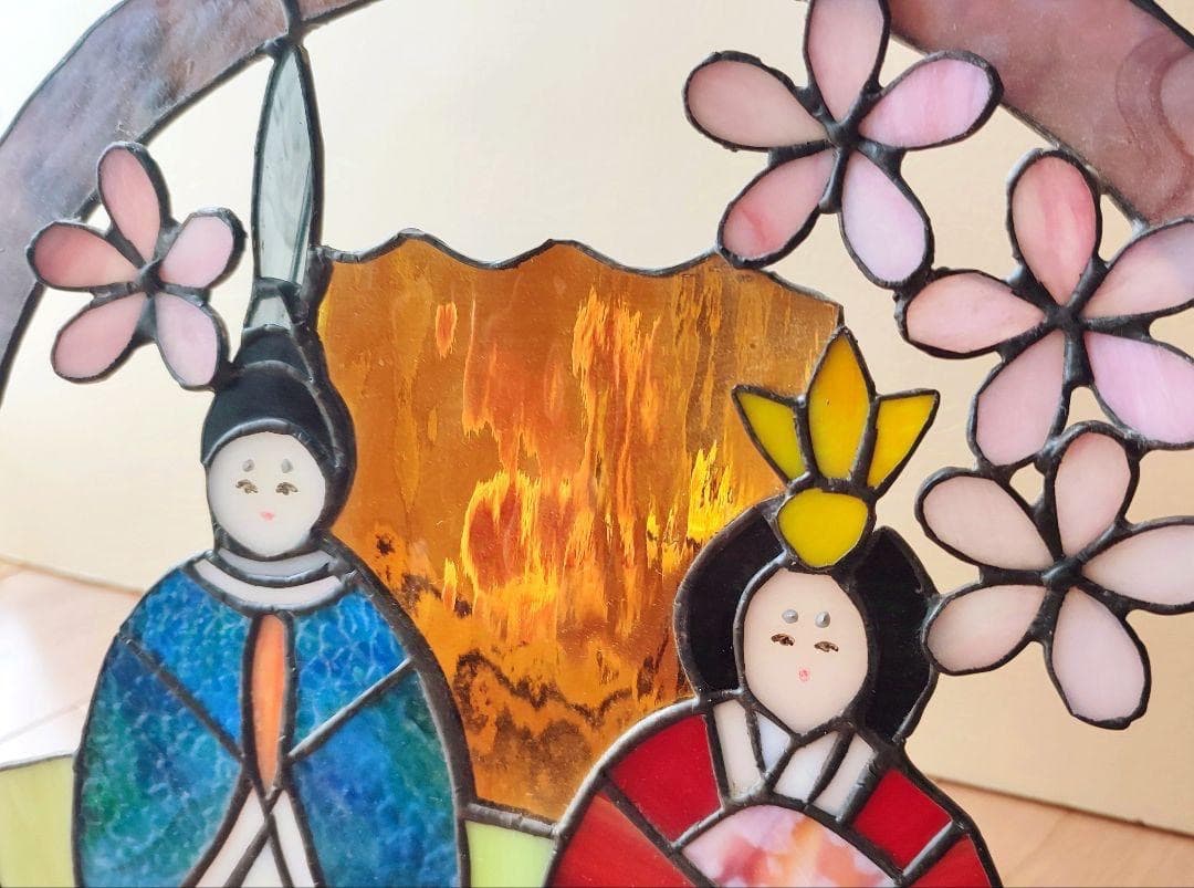 豪華ひな人形 ハンドメイドステンドグラスパネル 23x28cm 桃の節句 雛祭り