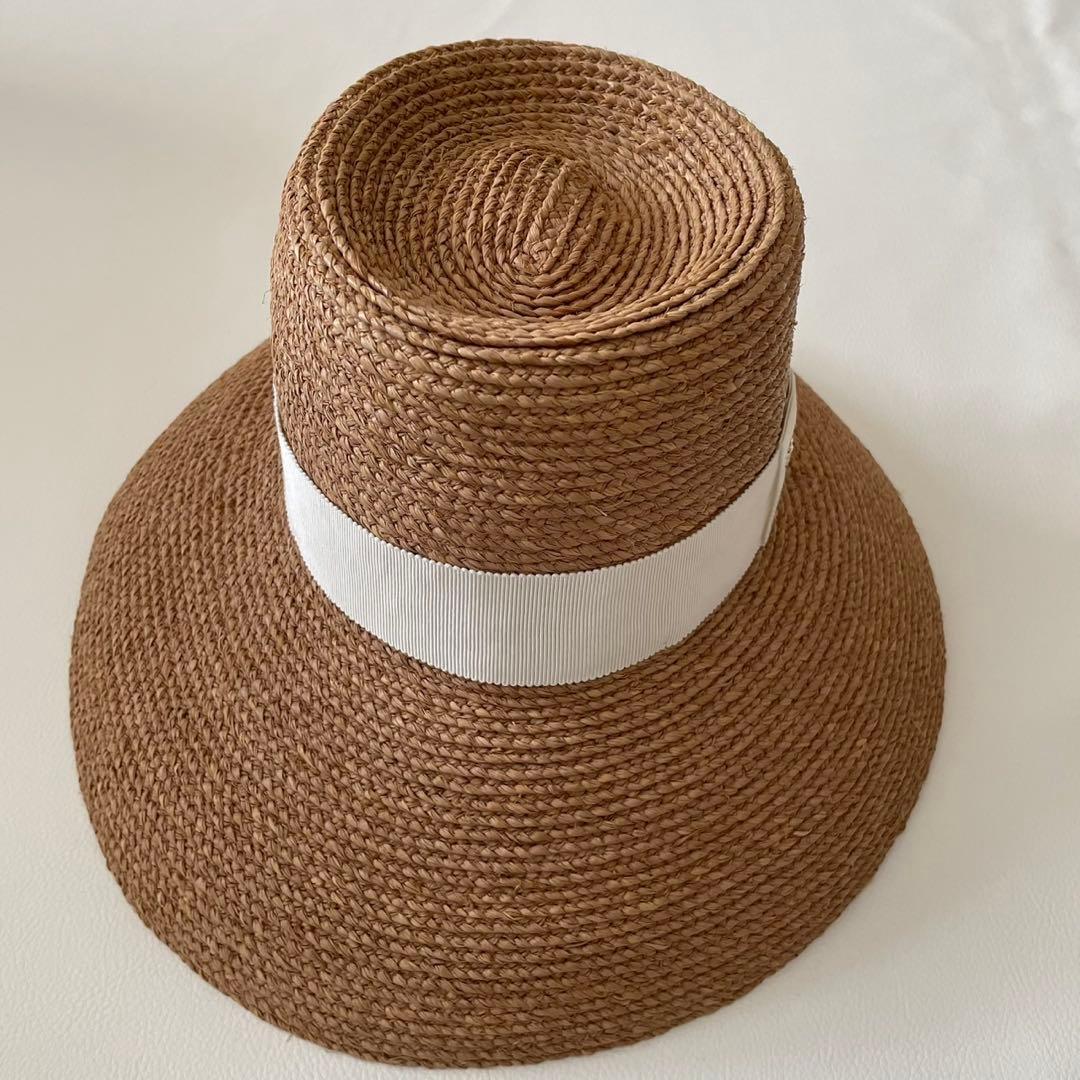 ヘレンカミンスキー　ブラウン 麦わら帽子 ホワイトリボン　ラフィア