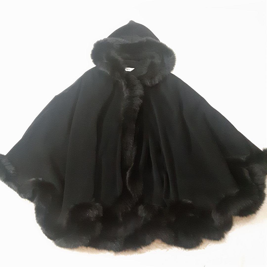 ロブアート　極美品　アンゴラ　リアルファー　フード付きケープコート　黒　日本製