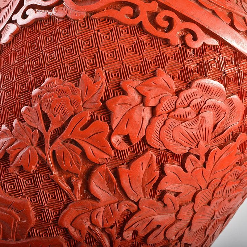 中国　剔紅　堆朱　内七宝　花文瓶　高さ約39㎝　唐木台付　Y　R7494B