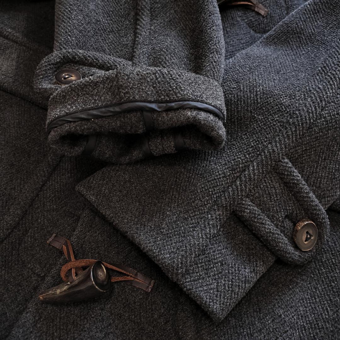 希少 moorbrook生地 ウールヘリンボーンダッフルコート チャコールグレー