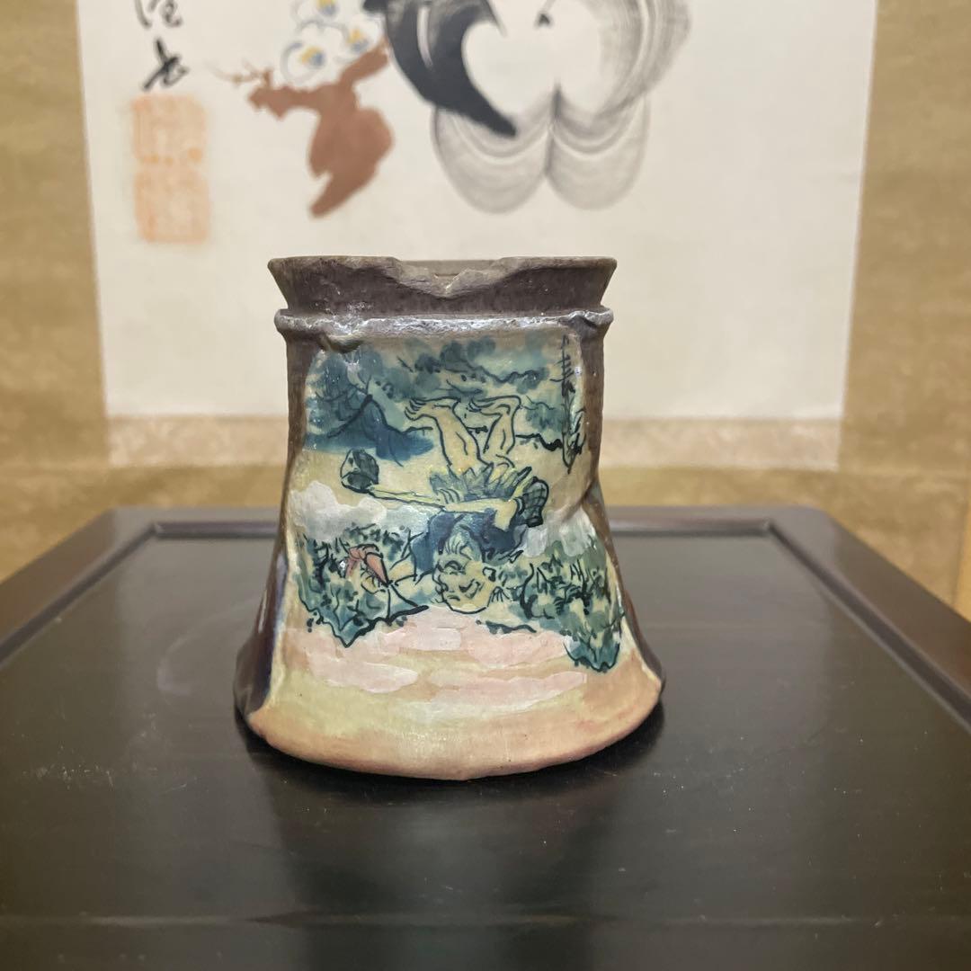 【中古】盆栽鉢 陶翠 小型 直径(約)8.5cm 丸鉢 色絵 春景 山水図 手描