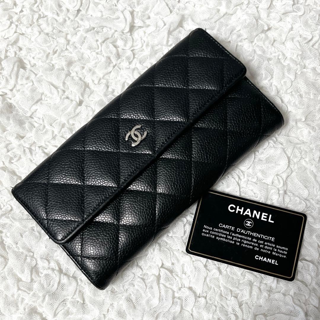 CHANEL キャビアスキン　マトラッセ　レザー 長財布 ギャランティカード