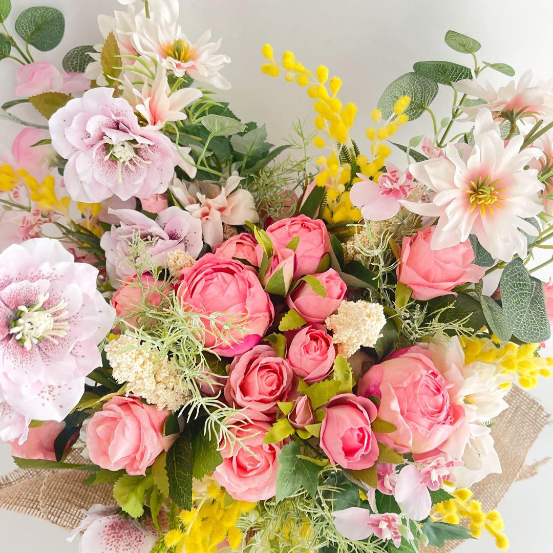 春を束ねた飾る花束ブーケ｜ミモザ・クリスマスローズ・薔薇 光触媒フラワー