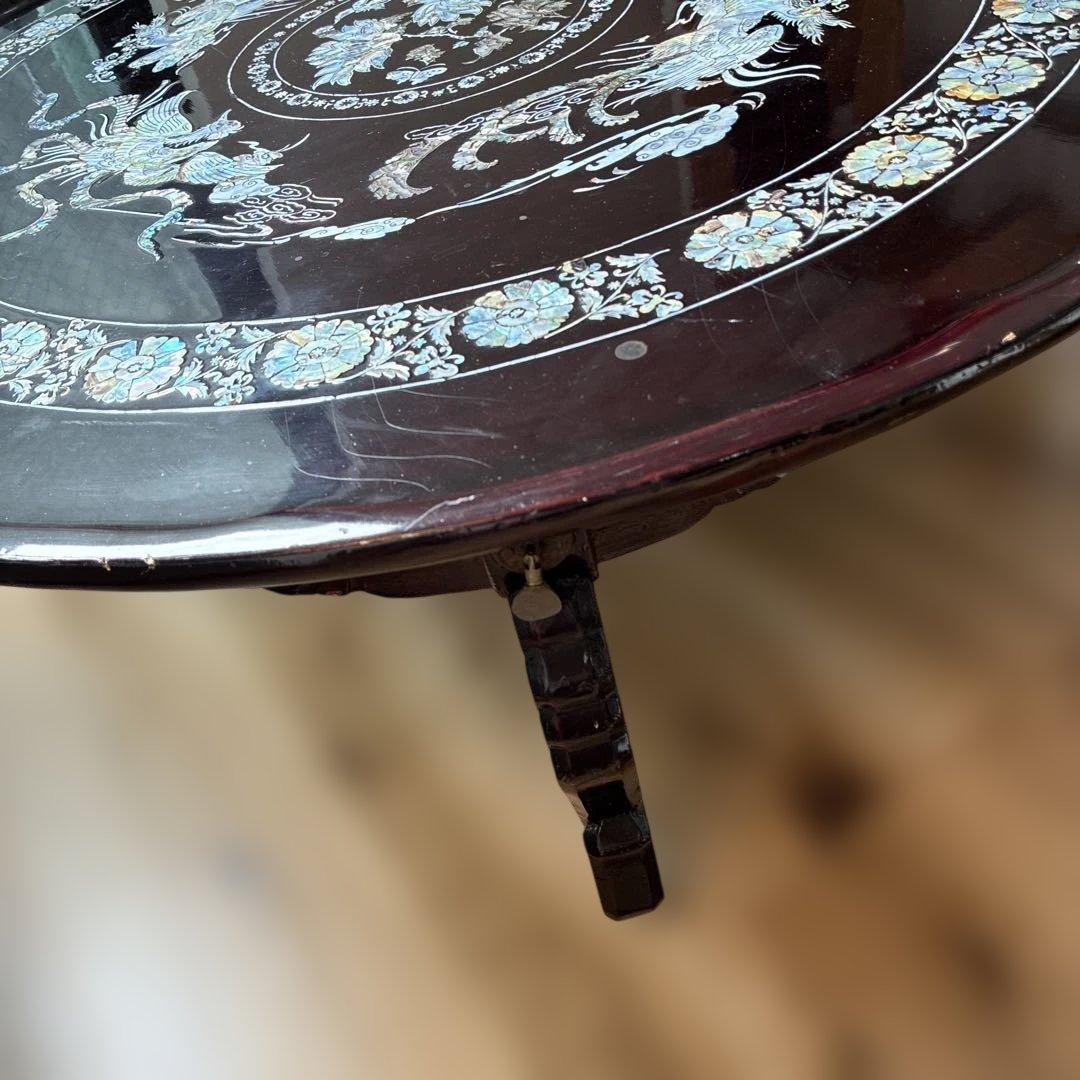 螺鈿細工 鳳凰 円形座卓テーブル 黒漆塗 直径90cm 横浜現地渡し