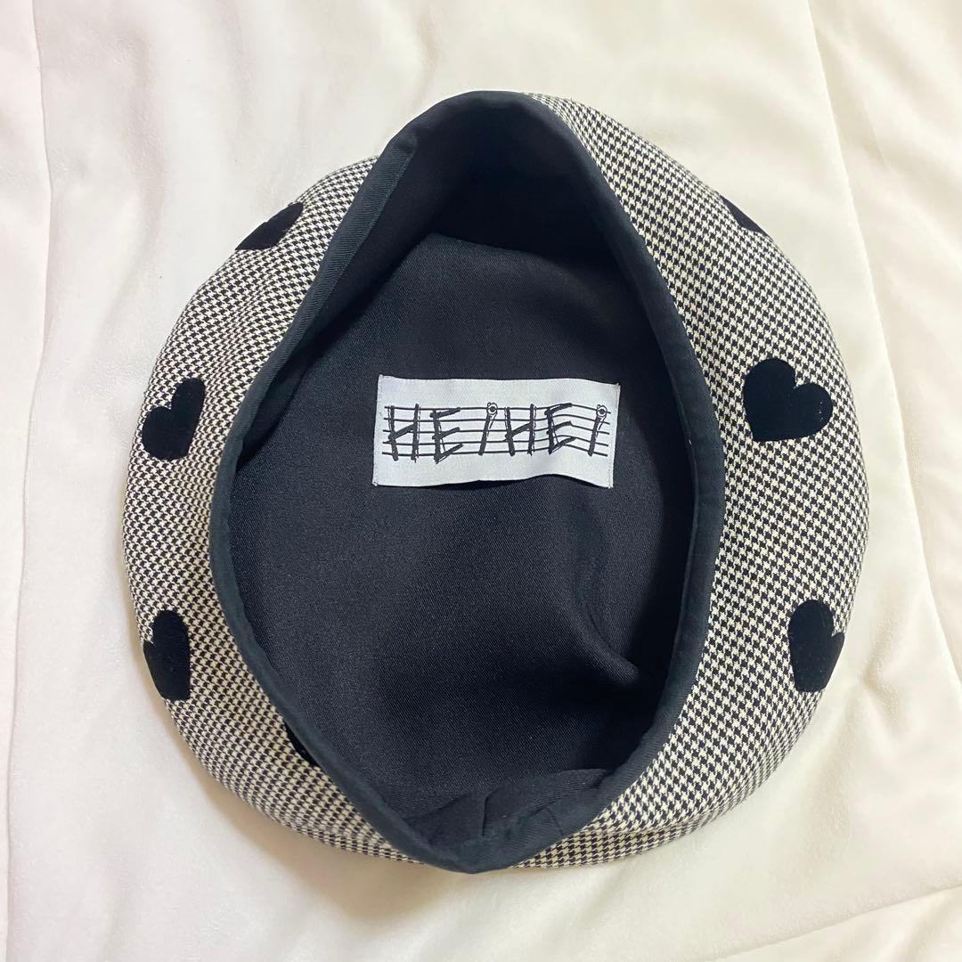 HEIHEI 千鳥柄ハート柄 ベレー帽(ブラック)