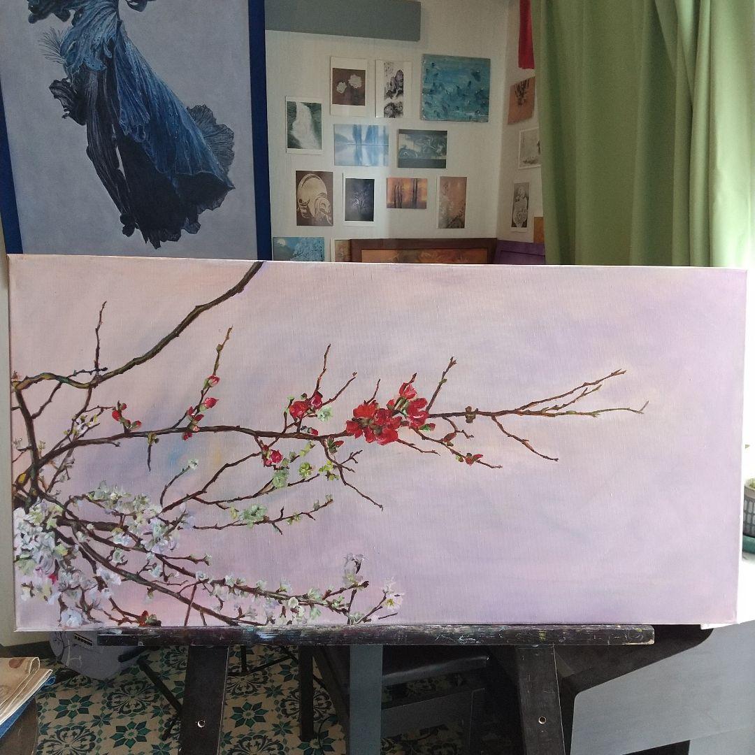 春に咲く花 油絵 静物#3 40X80X1.5cm 油彩画