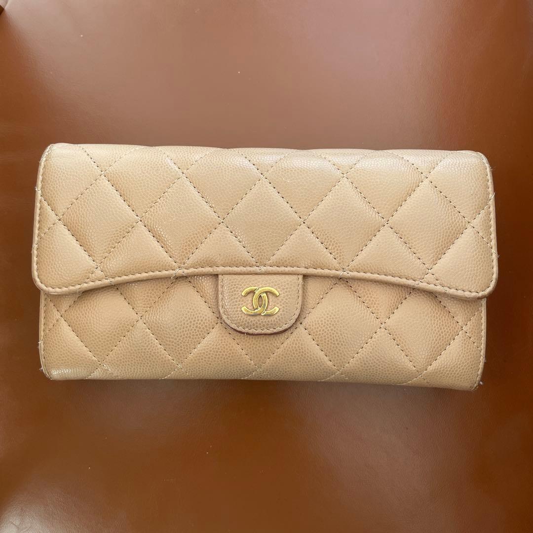 シャネル 長財布 キャビアスキン ベージュ ショルダーストラップ付き