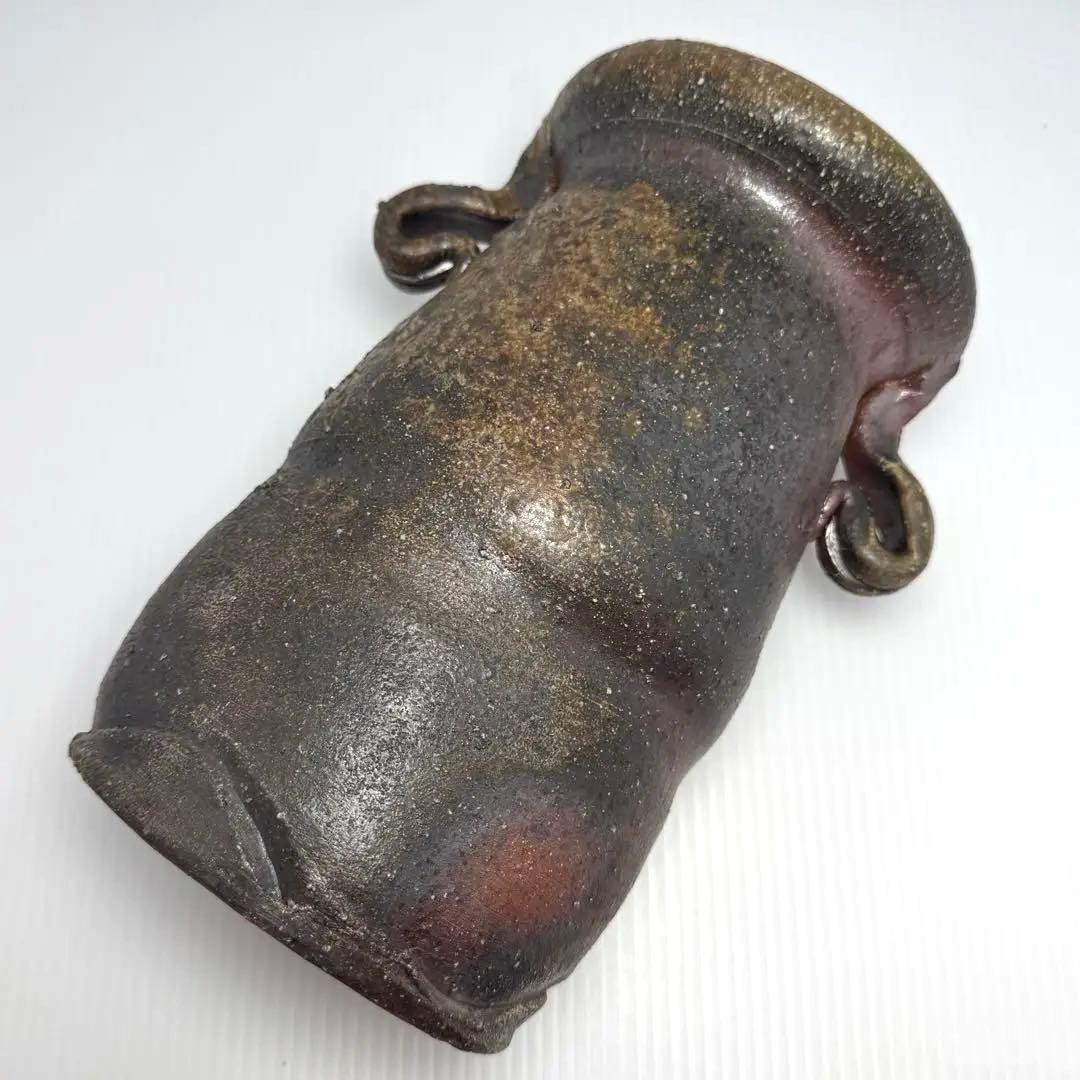 未使用 備前焼 斉藤隆 持ち手付き 花生 花瓶 花器 壺 伝統工芸 美術品