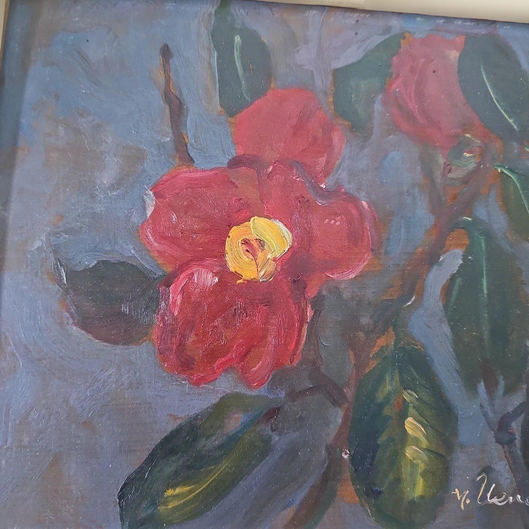 上野山清貢「寒椿」油彩画 F3号 板絵