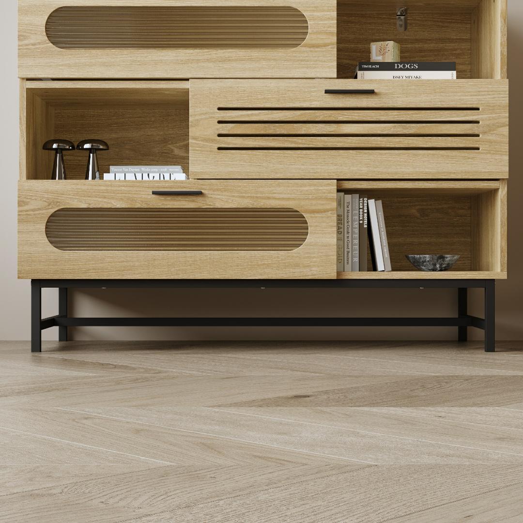 キャビネット サイドボード LEDライト付き 幅100cm 木目調 コンパクト