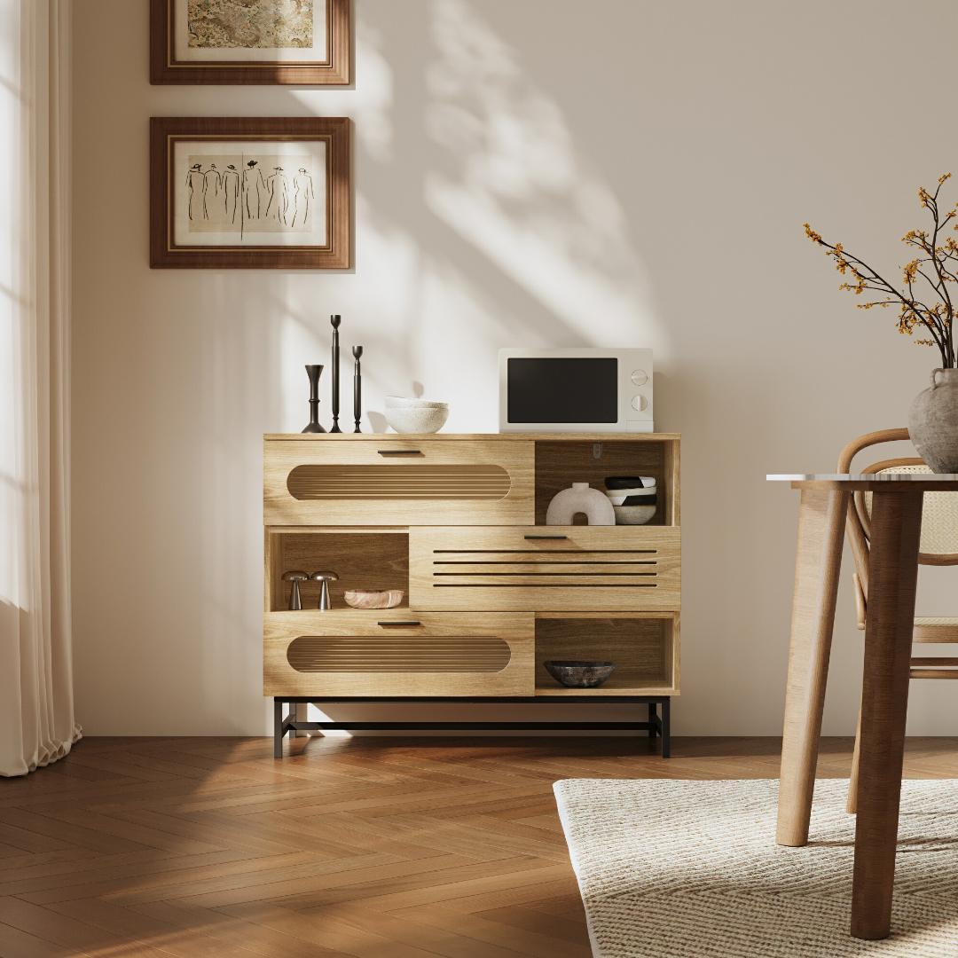 キャビネット サイドボード LEDライト付き 幅100cm 木目調 コンパクト