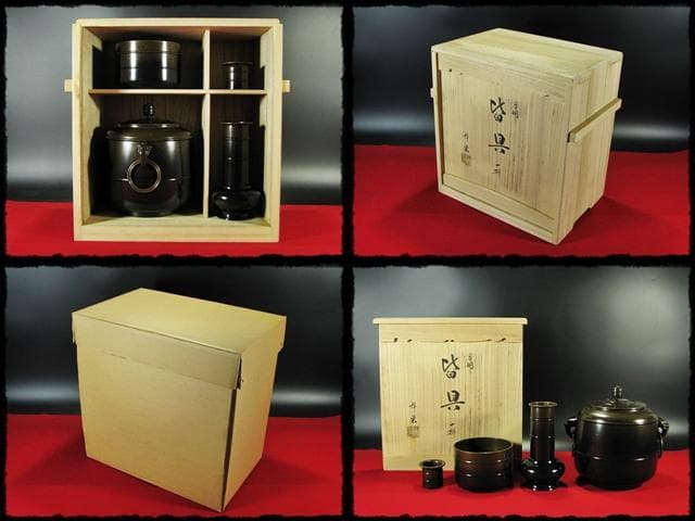 メル84937！唐銅 皆具 一揃 八尾 祥栄 鬼面耳付水指 建水杓立f68