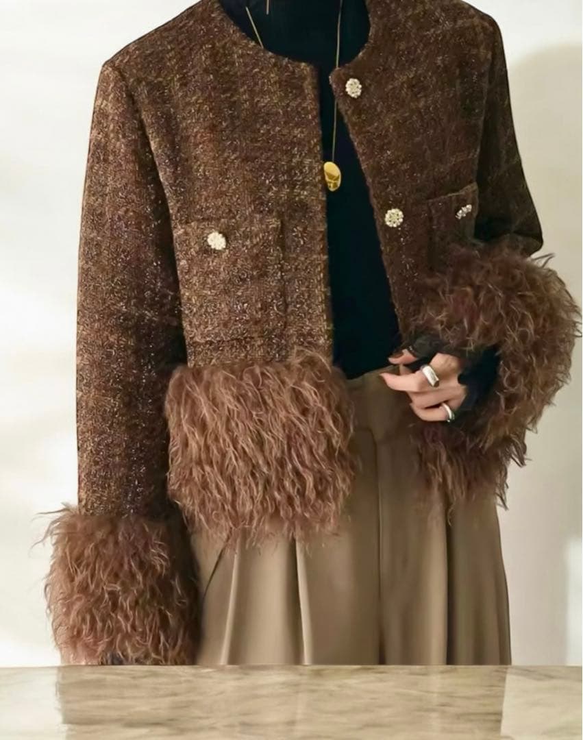 アンドレアアンドコー ツイードファージャケット ノーカラーコート ブラウン