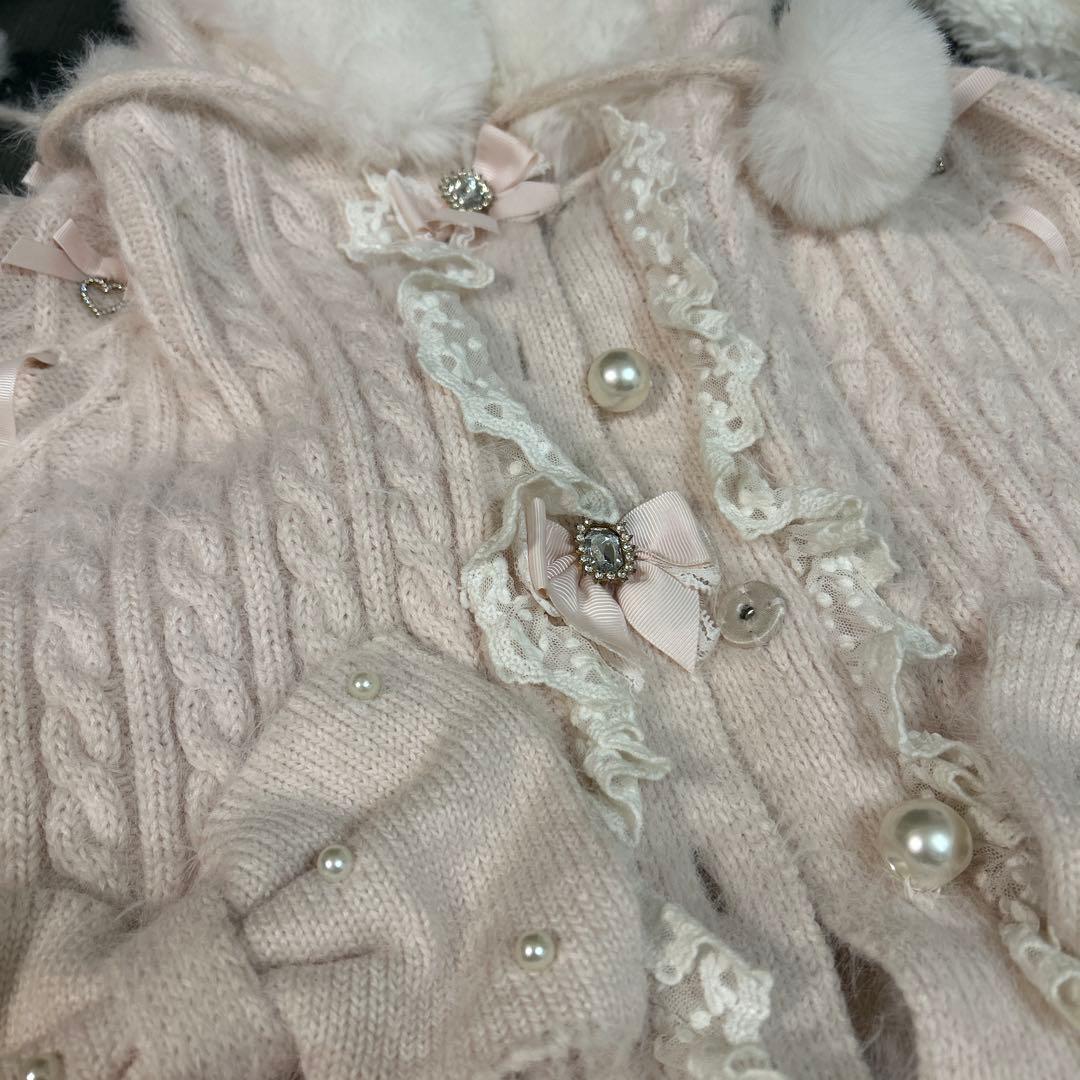 LIZLISA ポンポンリボンニットファーポンチョ　ピンク