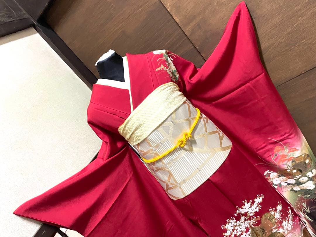 振袖フルセット6点サイズM〜Ｌ糸巻き花文　暈し染め　金彩　正絹