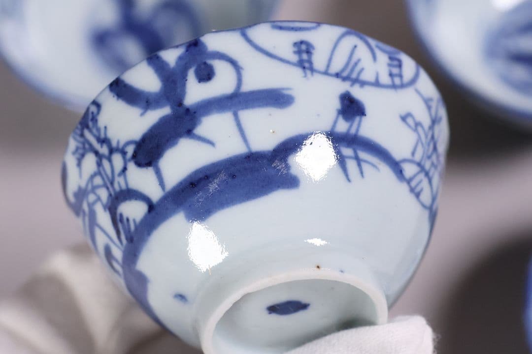 中国 染付 煎茶椀 五客 山水 鳥図 茶器 陶磁器 【MA581】