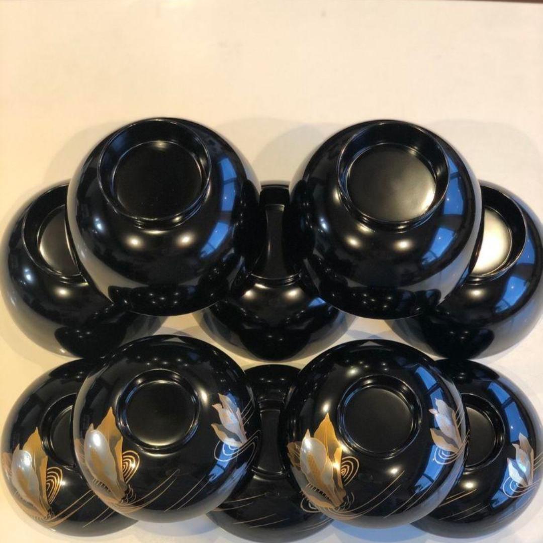 【訳あり】木製漆塗　水芭蕉磨き蒔絵吸い物椀　黒　５客組